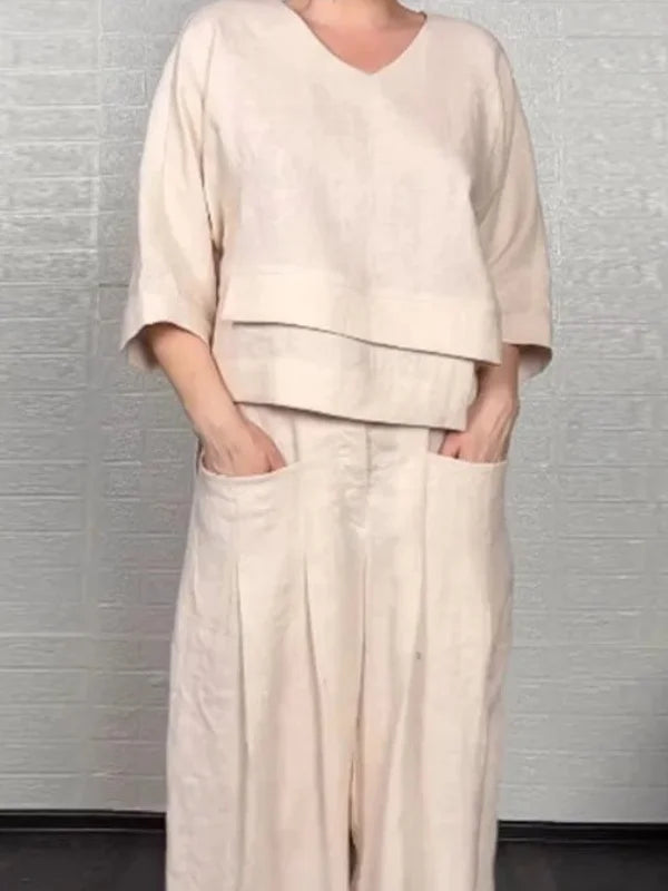 Conjunto Casual Asimétrico de Manga 3/4 y Pantalón Tiro Alto
