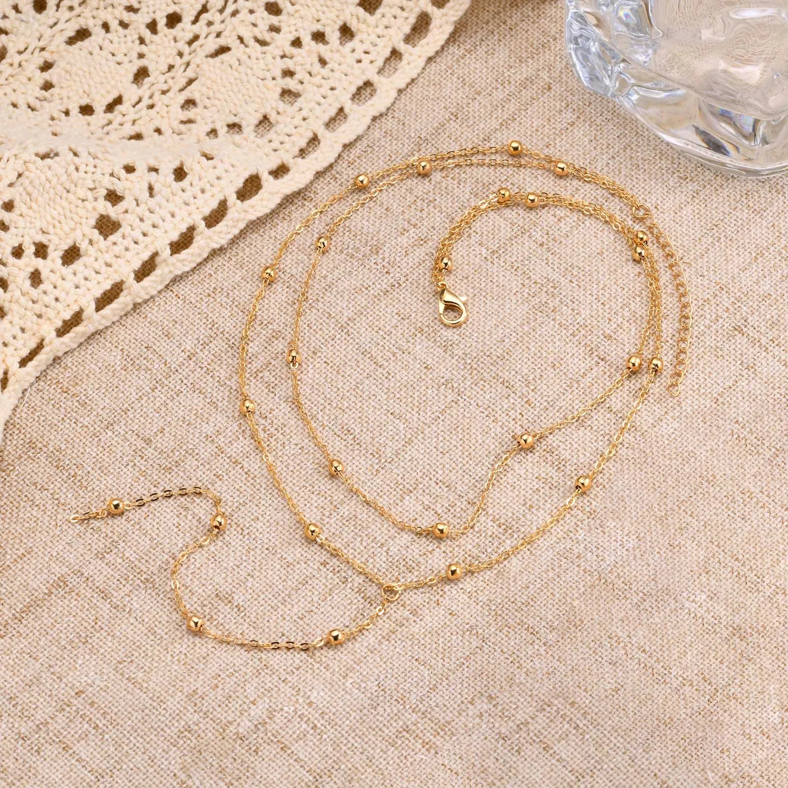 Collar Lariat Doble Capa con Baño Dorado